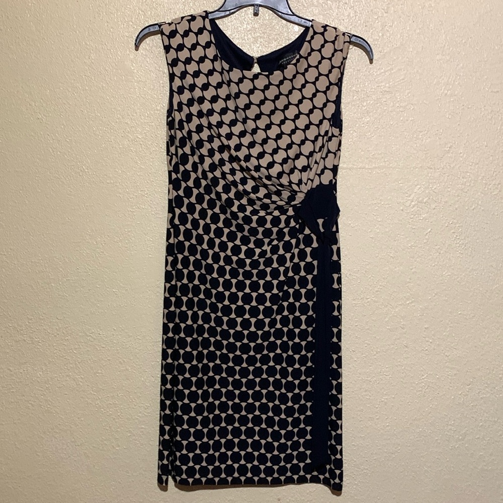 Connected Apparel Dress 8 Stretchy Tan Black Navy Pull Over Ruched Dots - Picture 1 of 16